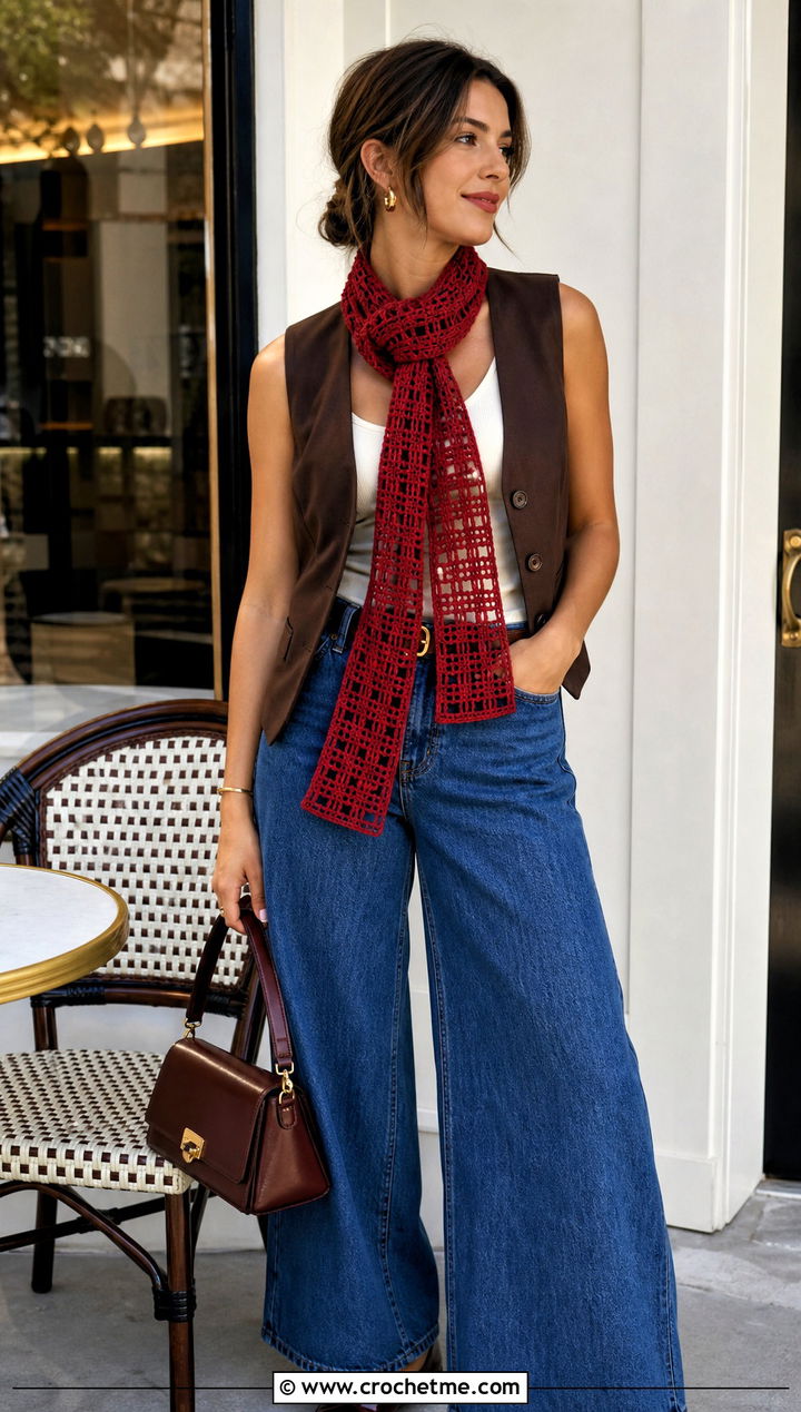 Filet Lace Crochet Scarf With Vest And Wide Leg Jeans - 15 Easy Lace Crochet Scarf outfit ideas