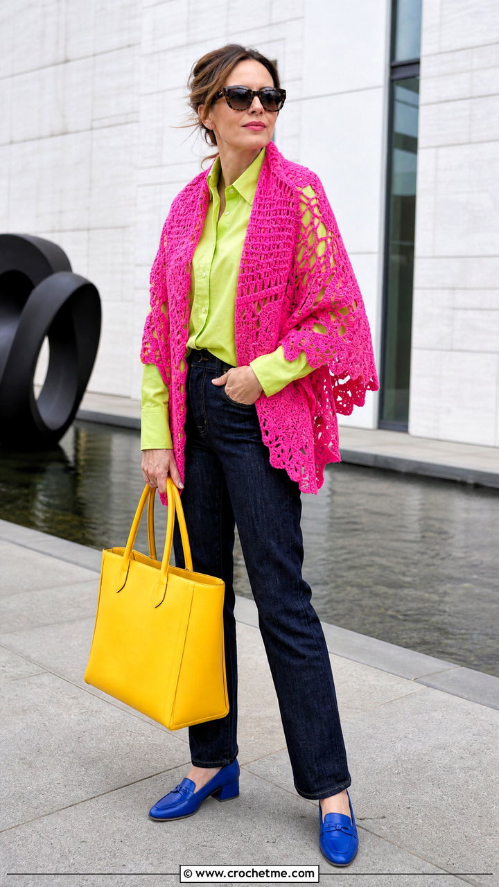Filet Lace Crochet Shawl With A White Shirt And Jeans - 35 crochet shawl outfit ideas