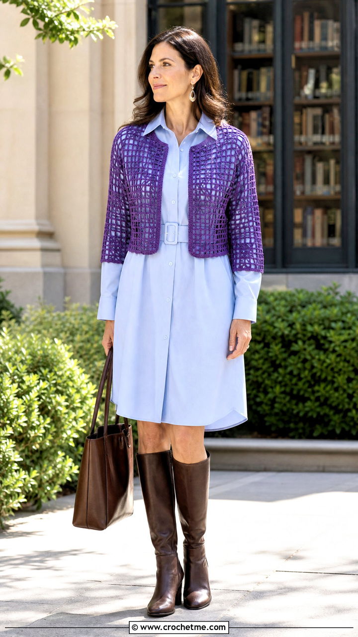 Filet Lace Crochet Shrug With Shirt Dress - 35 crochet shrug bolero outfit ideas