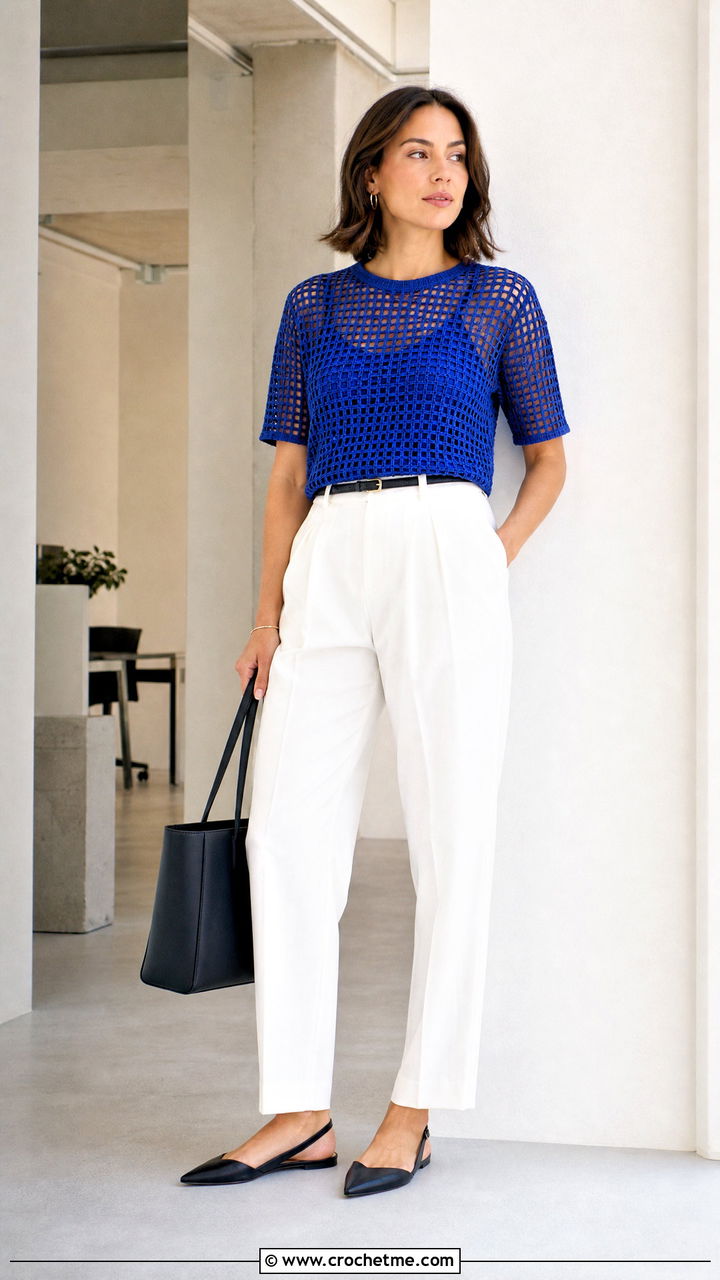 Filet Lace Crochet Tee With Tailored Trousers - 35 lace crochet top outfit ideas