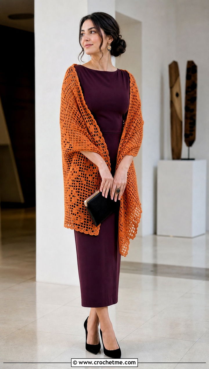 Filet Lace Crochet Wrap Shawl With Column Dress - 35 crochet wrap shawl outfit ideas