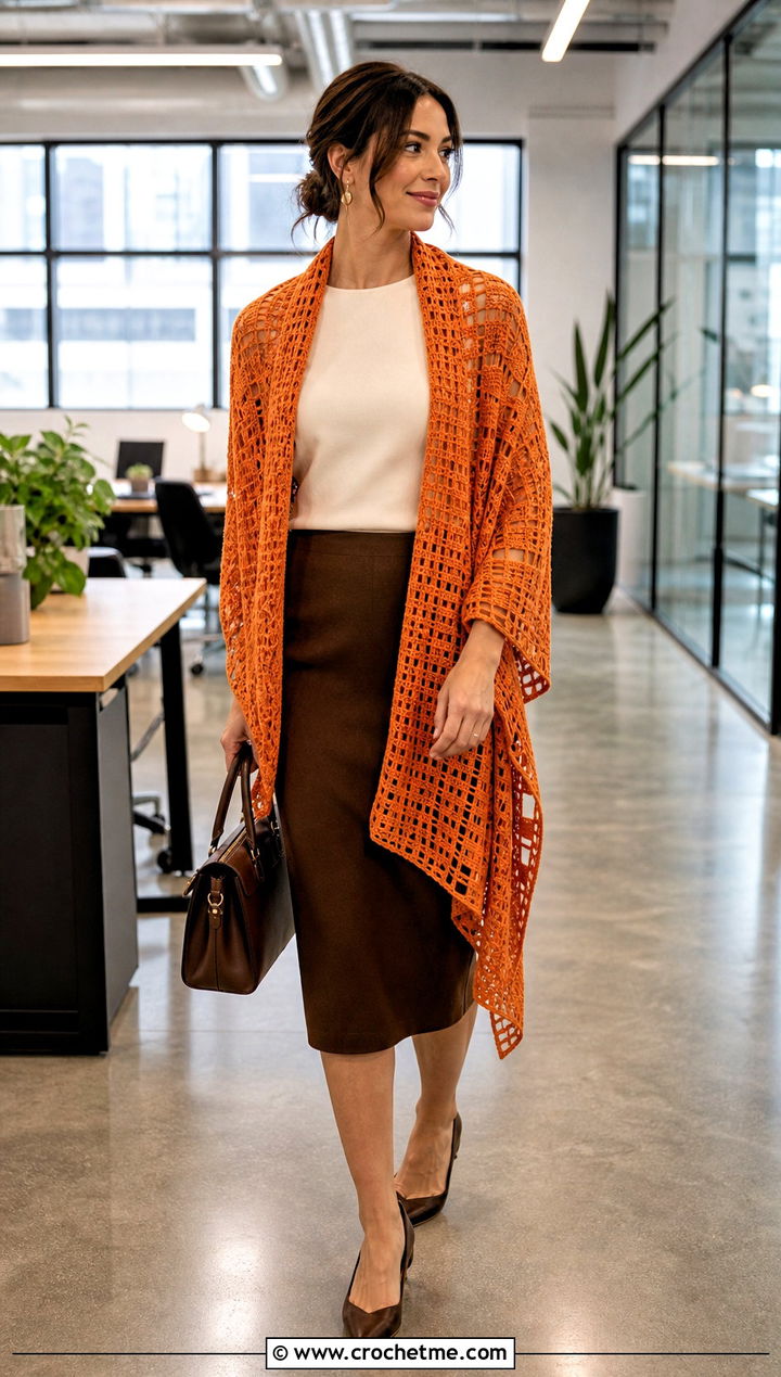 Filet Lace Crochet Wrap With Pencil Skirt - 30 crochet shawl wraps outfit ideas