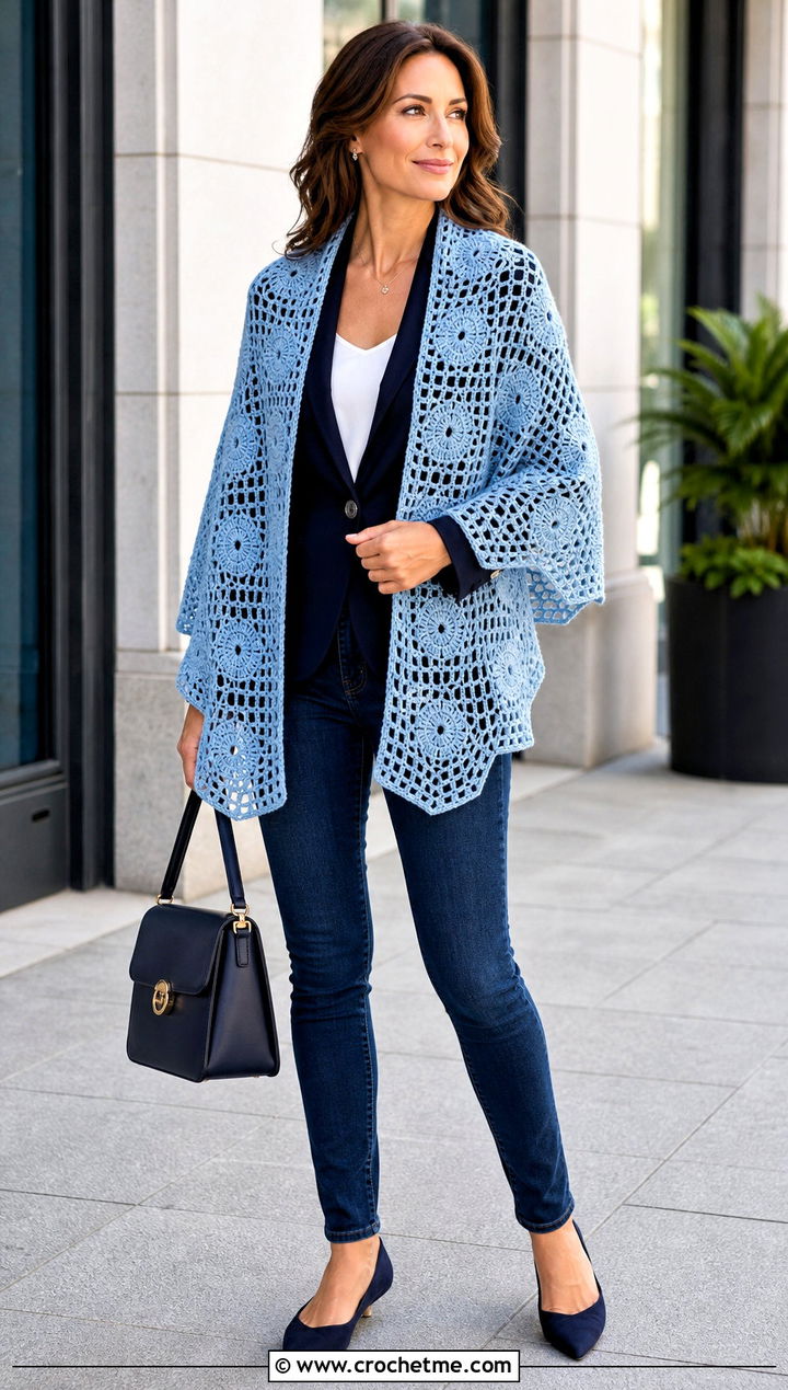 Filet Lace Hexagon Shawl With Blazer And Jeans - 20 Crochet Hexagon Shawl outfit ideas