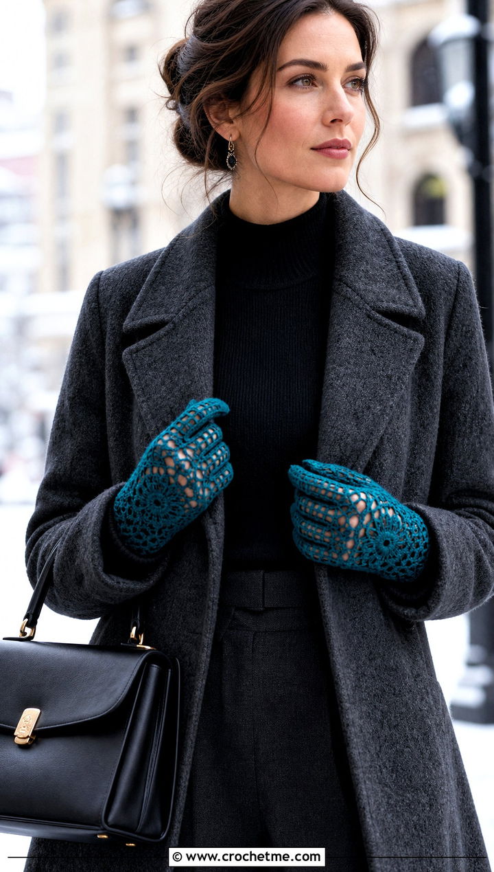 Filet Lace Mittens With Wool Coat - 15 vintage crochet mitten outfit ideas