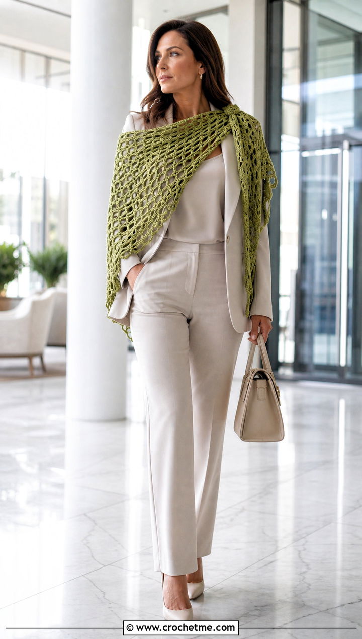 Filet Lace Sideways Crochet Shawl With Monochrome Suit - 25 Sideways Crochet Shawl outfit ideas