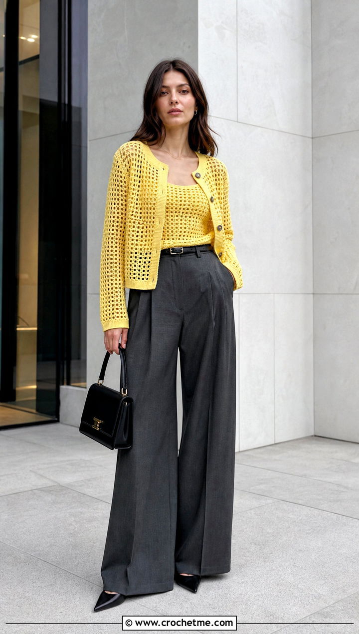 Filet Lace Weight Crochet Sweater With Tailored Trousers - 15 Lace Weight Crochet Sweater outfit ideas
