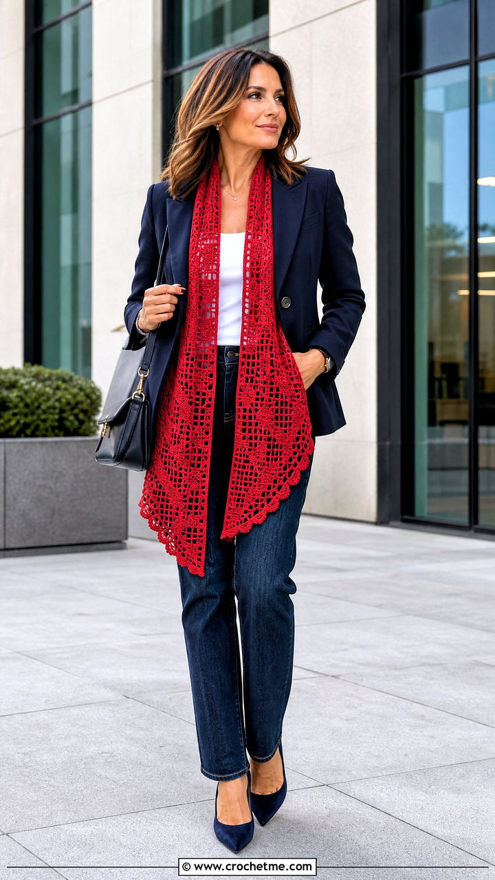 Filet Lacy Crochet Shawl With Blazer And Jeans - 35 lacy crochet shawl outfit ideas