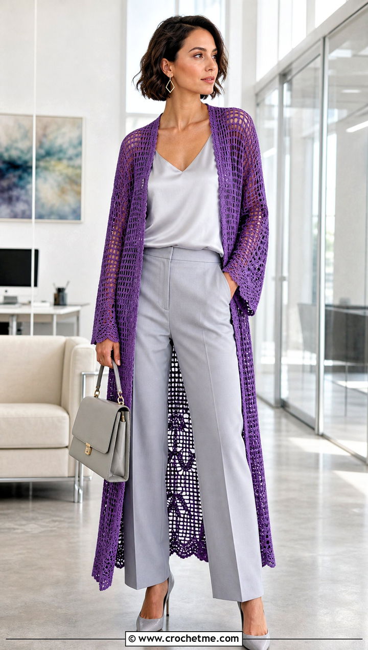 Filet Long Crochet Duster With Tailored Trousers - 25 Long Crochet Duster outfit ideas