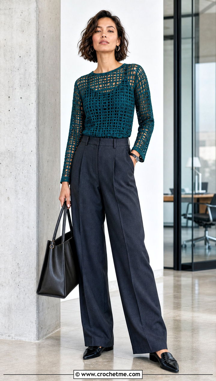 Filet Long Sleeve Crochet Blouse With Tailored Trousers - 15 Long Sleeve Crochet Blouse outfit ideas