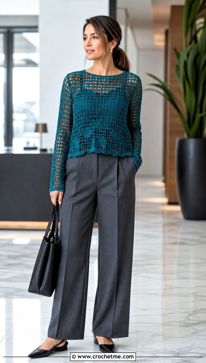 Filet Long Sleeve Crochet Top With Tailored Trousers - 25 long sleeve crochet top outfit ideas