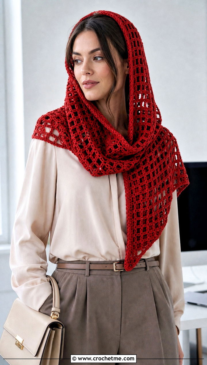 Filet Mesh Crochet Hooded Scarf With Blouse And Trousers Outfit - 30 crochet scarf with hood outfit ideas