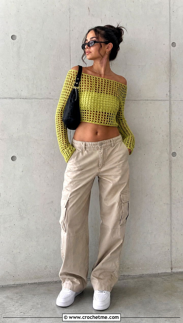 Filet Mesh Crochet Off The Shoulder Top With Cargo Pants - 35 Crochet Off The Shoulder Top outfit ideas