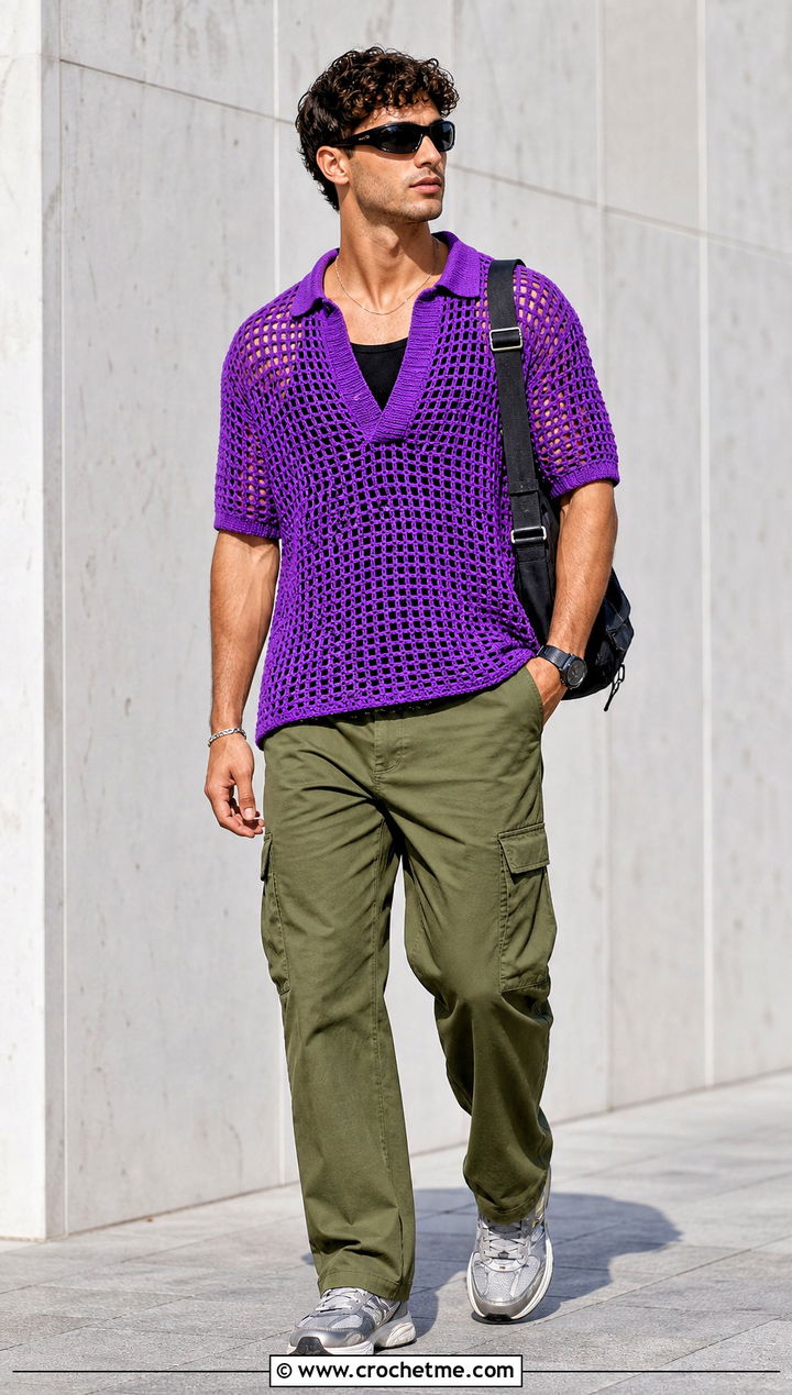 Filet Mesh Crochet Polo With Cargo Pants - 15 Mens Crochet Polo Shirt outfit ideas
