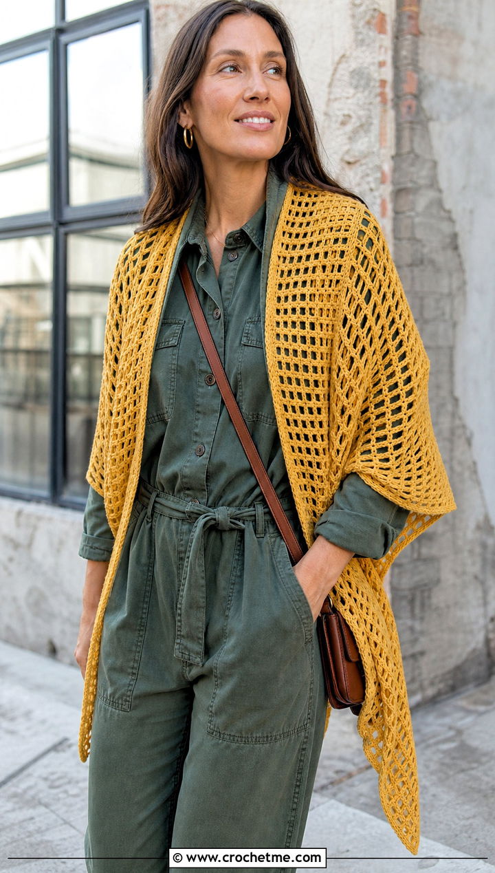 Filet Mesh Crochet Shawl With Utility Jumpsuit - 25 Fall Crochet Shawl outfit ideas