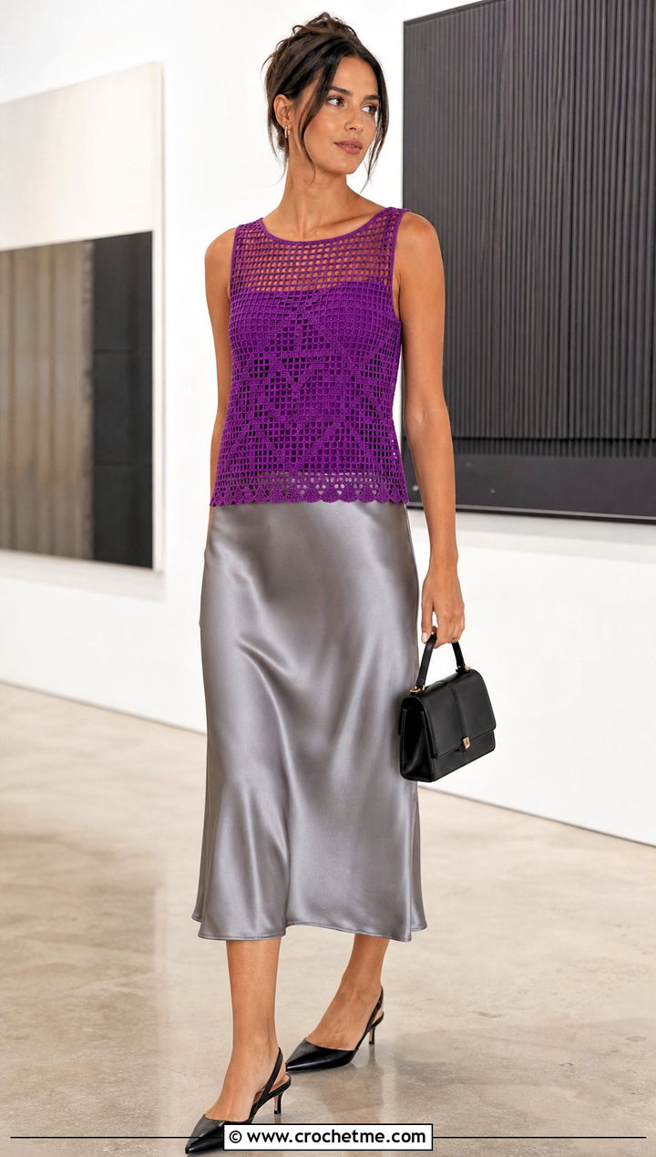 Filet Mesh Crochet Tank With Satin Midi Skirt - 25 alexandra saint mleux crochet top outfit ideas