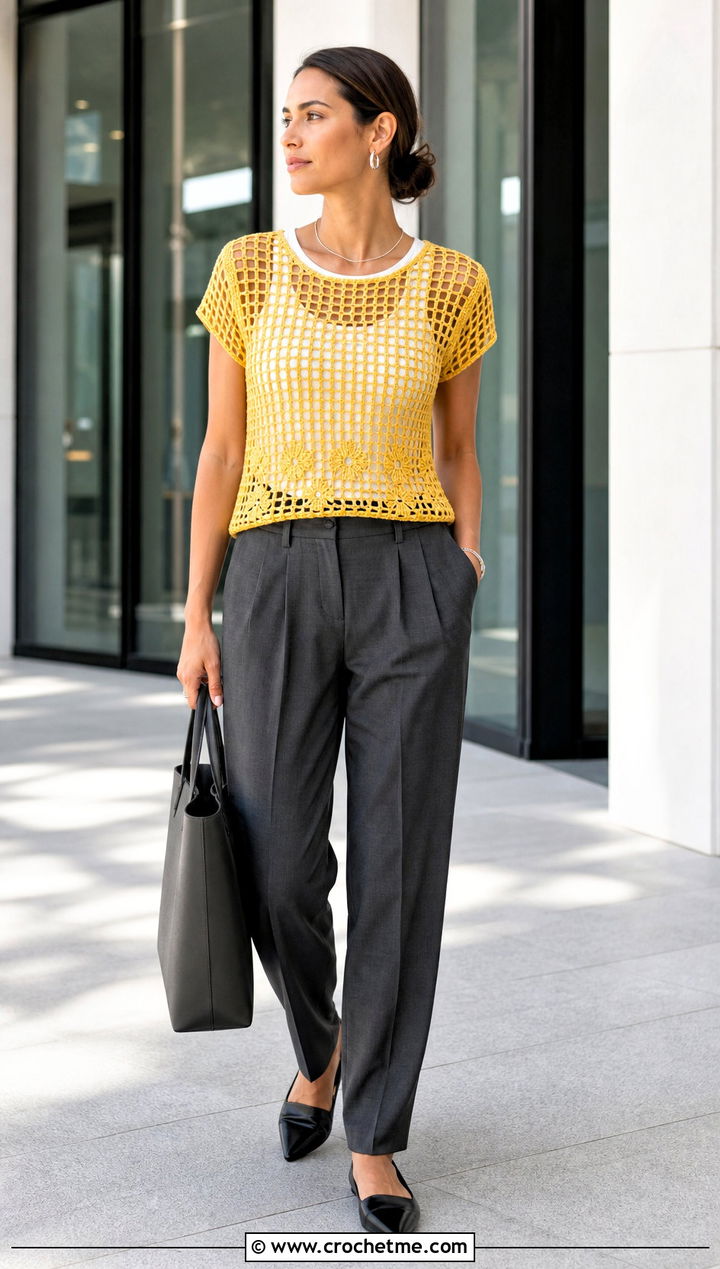 Filet Mesh Crochet Tee With Tailored Trousers - 15 crochet top with openwork outfit ideas