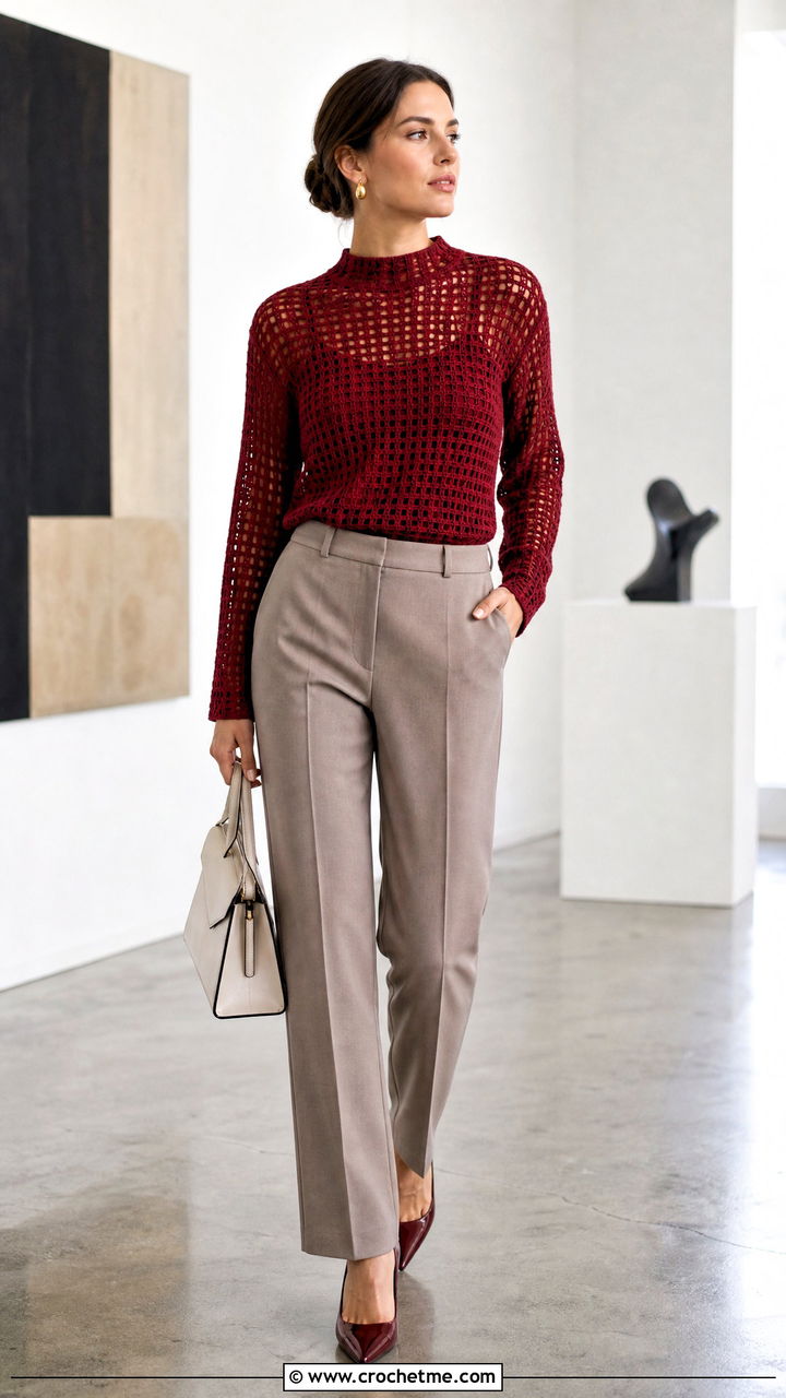 Filet Mesh Crochet Top With Suit Trousers - 35 mesh crochet top outfit ideas