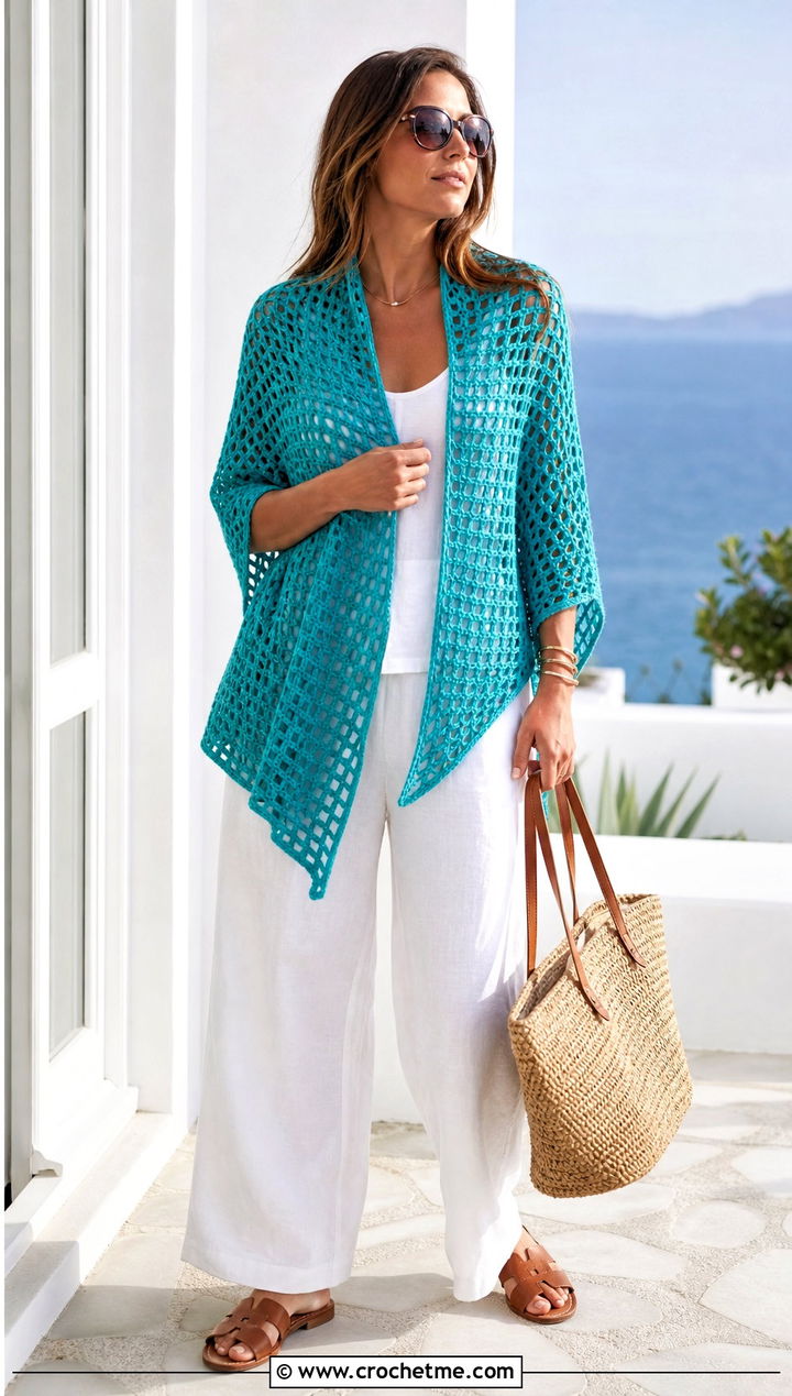 Filet Mesh Double Crochet Shawl With Linen Set - 20 Double Crochet Shawl outfit ideas