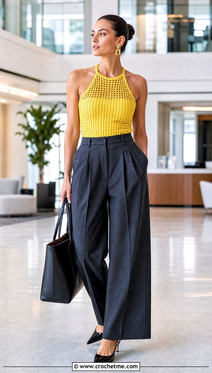 Filet Mesh Halter Top With Tailored Trousers - 30 Crochet Mesh Halter Top outfit ideas