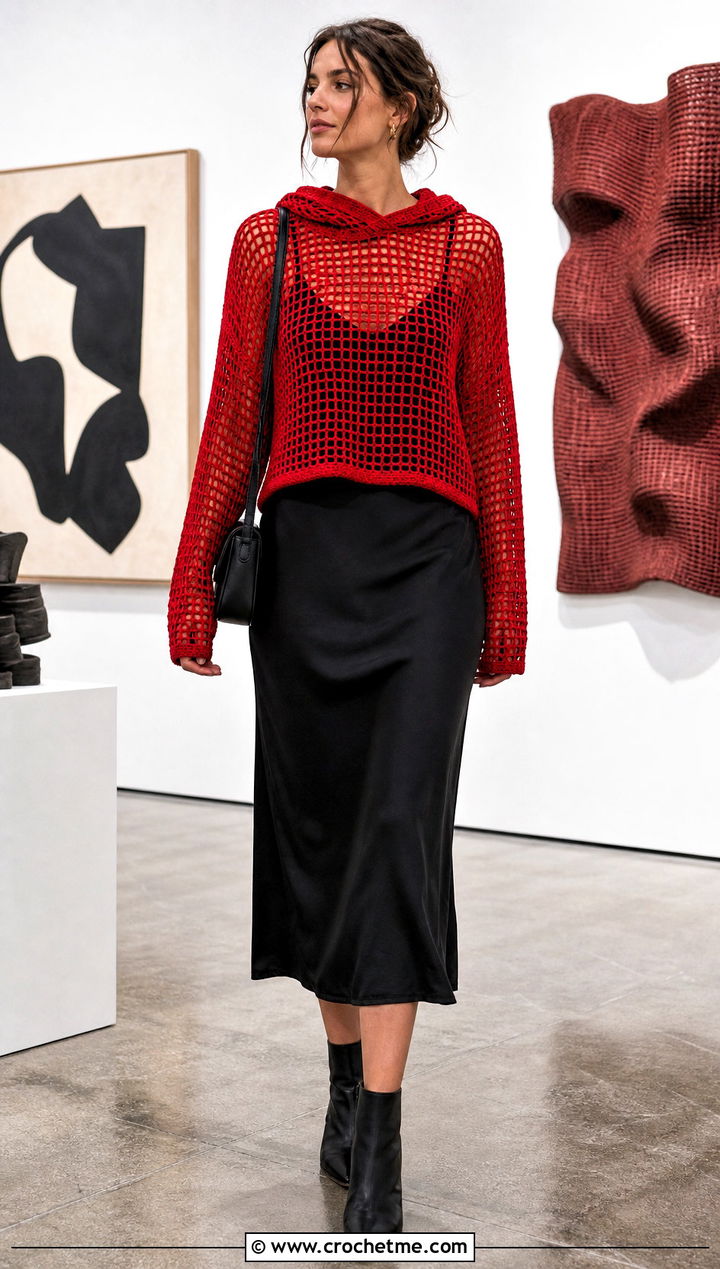 Filet Mesh Hooded Crochet Sweater With Slip Dress - 25 Hooded Crochet Sweater outfit ideas