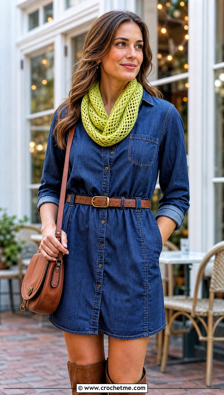 Filet Mesh Infinity Scarf With Denim Dress - 20 Lacy Crochet Infinity Scarf outfit ideas