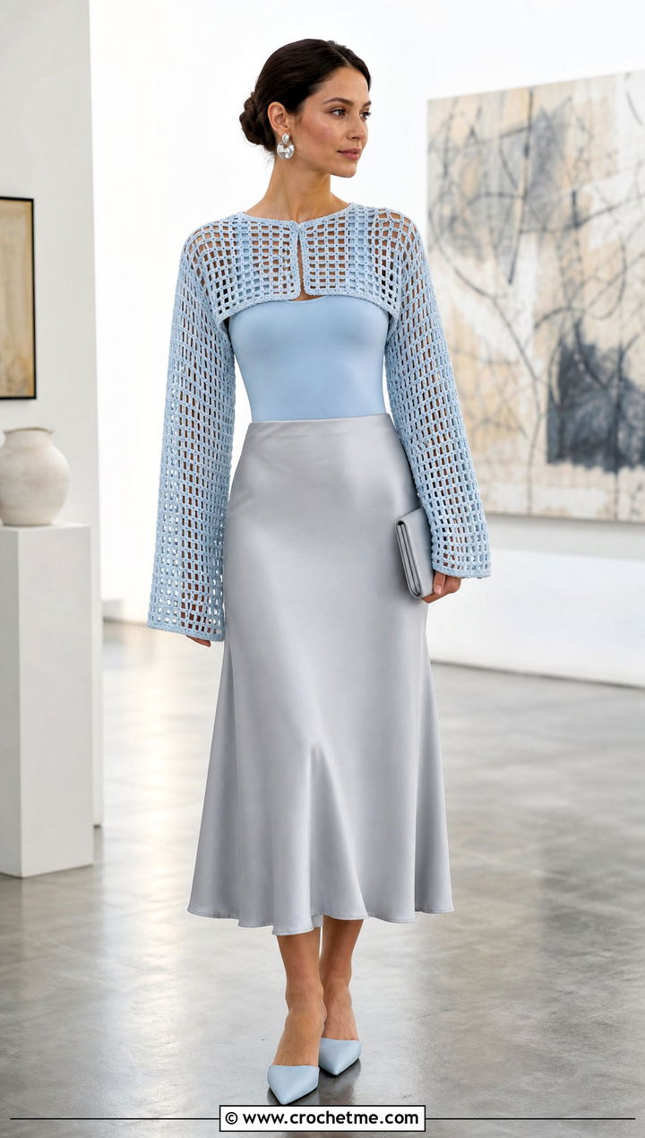 Filet Mesh Rectangle Crochet Shrug With Slip Skirt - 20 Rectangle Crochet Shrug outfit ideas