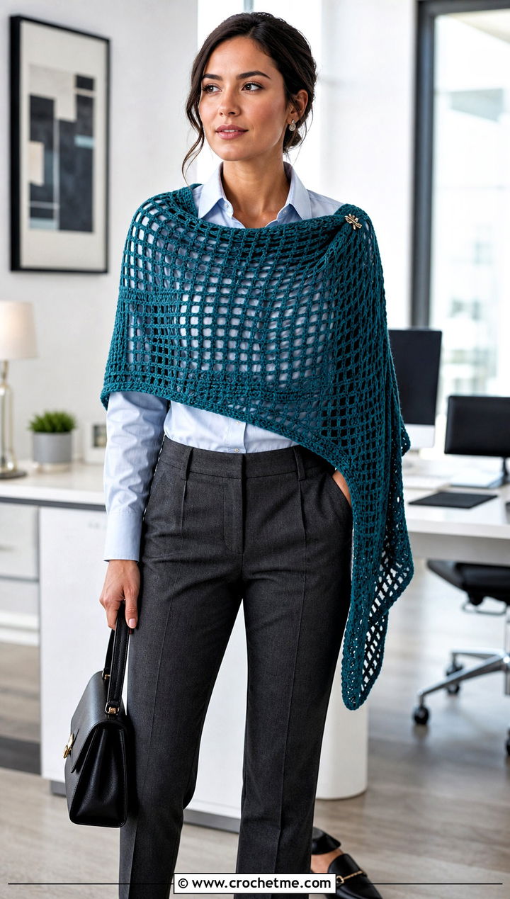 Filet Mesh Rectangular Crochet Shawl With Tailored Trousers - 30 rectangular crochet shawls outfit ideas