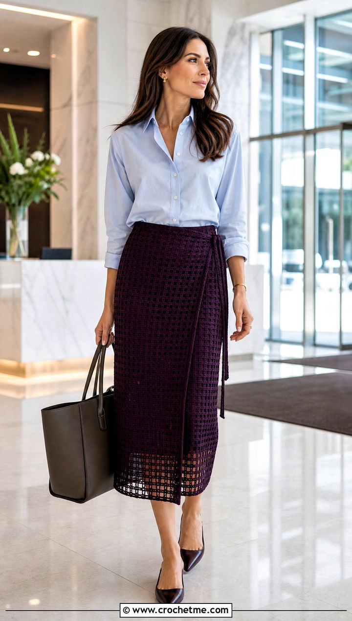 Filet Midi Crochet Wrap Around Skirt With Button Down Shirt - 30 crochet wrap around skirt outfit ideas