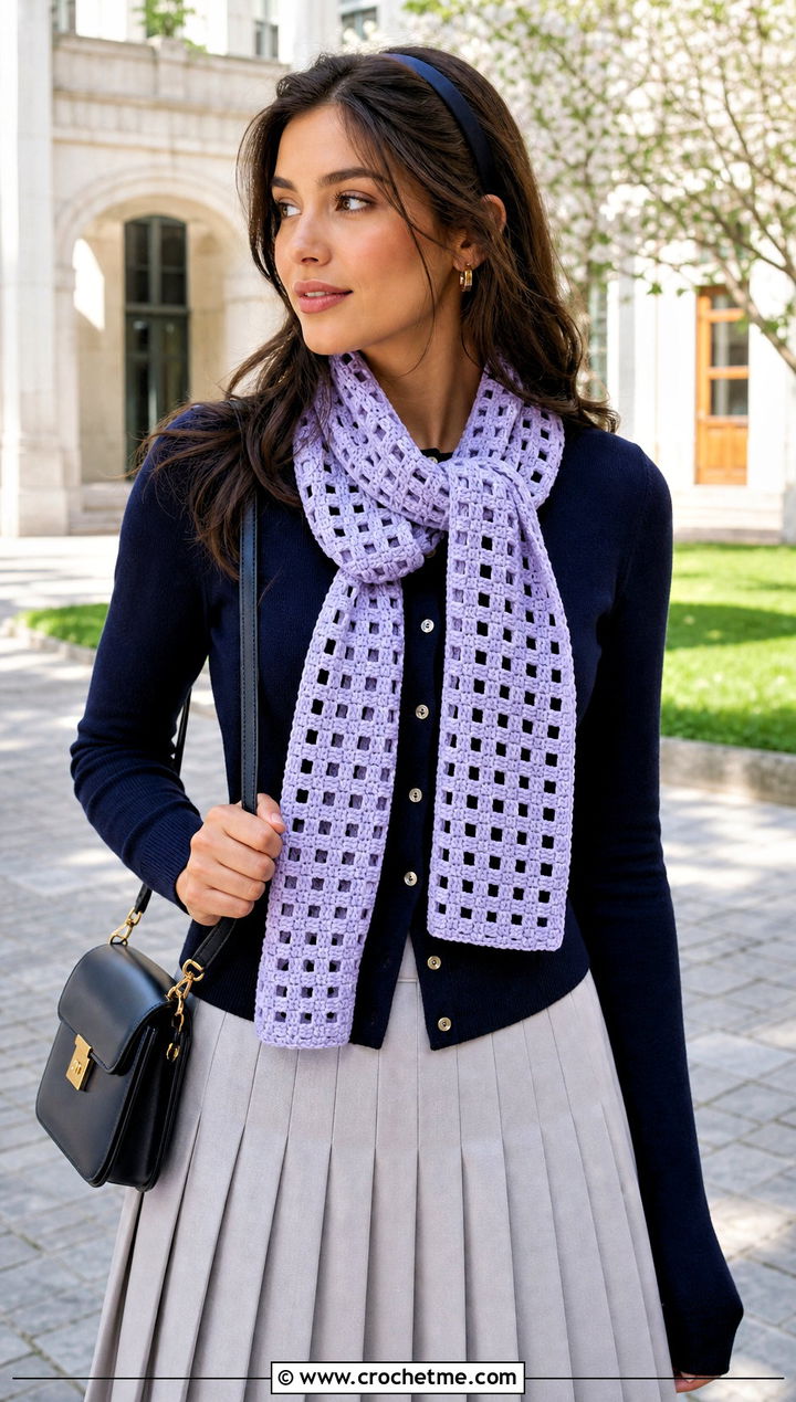 Filet One Row Repeat Crochet Scarf With Pleated Skirt - 20 one row repeat crochet scarf outfit ideas