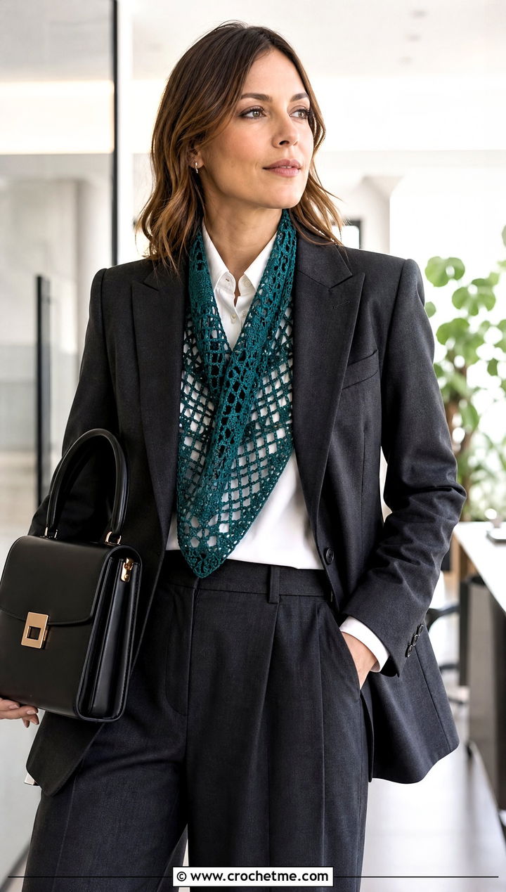 Filet Openwork Crochet Scarf With Tailored Workwear - 15 openwork crochet scarf outfit ideas