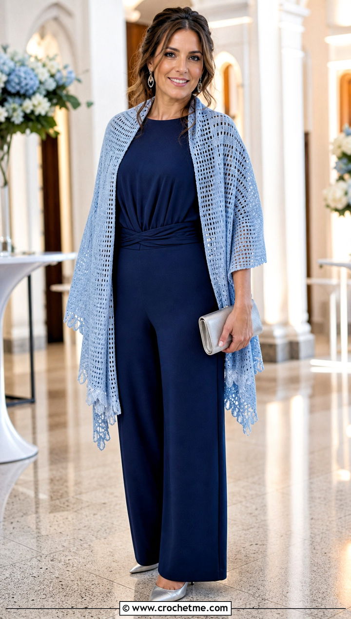 Filet Prayer Shawl With A Wide Leg Jumpsuit - 15 Crochet Prayer Shawl Amazing Grace outfit ideas