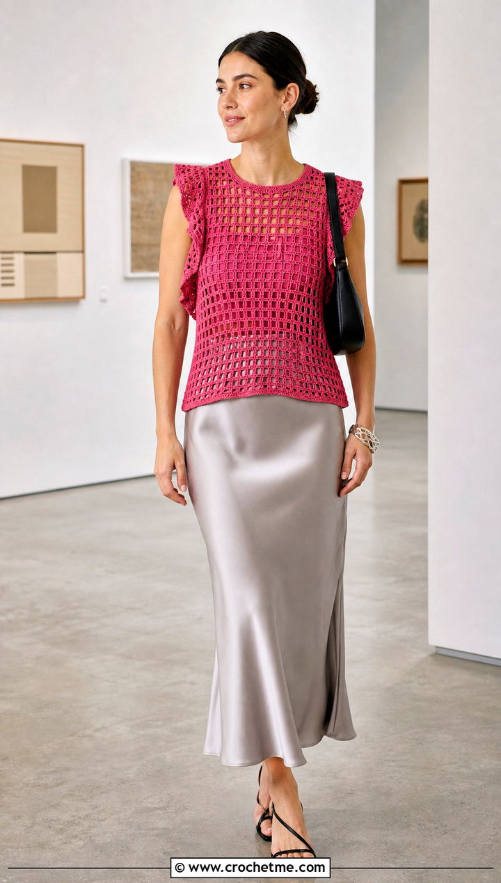 Filet Ruffle Sleeve Crochet Top With Slip Skirt - 30 crochet ruffle sleeve top outfit ideas