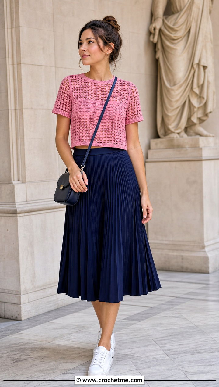 Filet Short Sleeve Crochet Crop Top With Pleated Skirt - 15 crochet crop top with sleeves outfit ideas