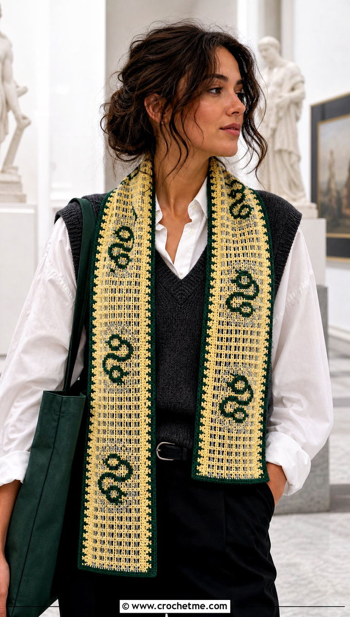Filet Slytherin Crochet Scarf With Sweater Vest - 30 slytherin crochet scarf outfit ideas
