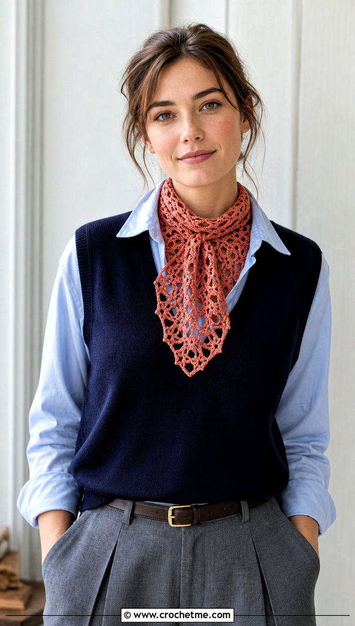 Filet Snowflake Crochet Scarf With Button Down Shirt - 25 Snowflake Crochet Scarf outfit ideas