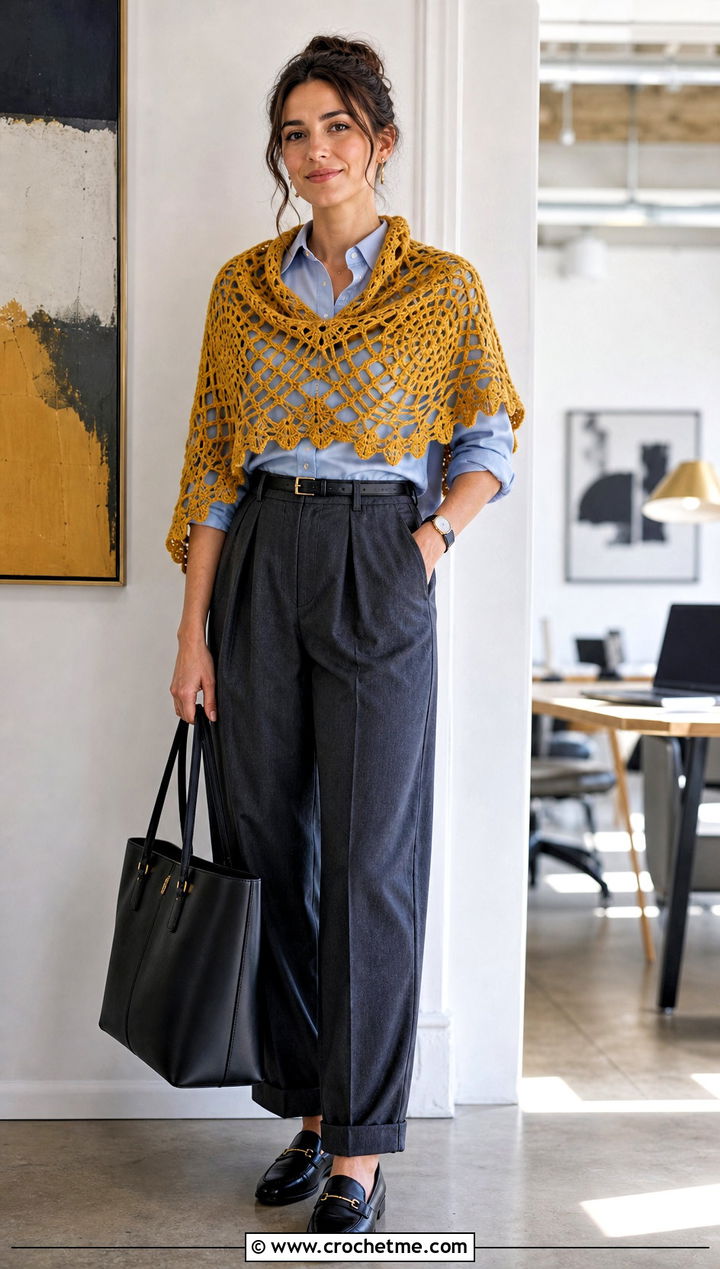 Filet Spiderweb Crochet Shawl With Button Down Shirt - 30 spiderweb crochet shawl outfit ideas