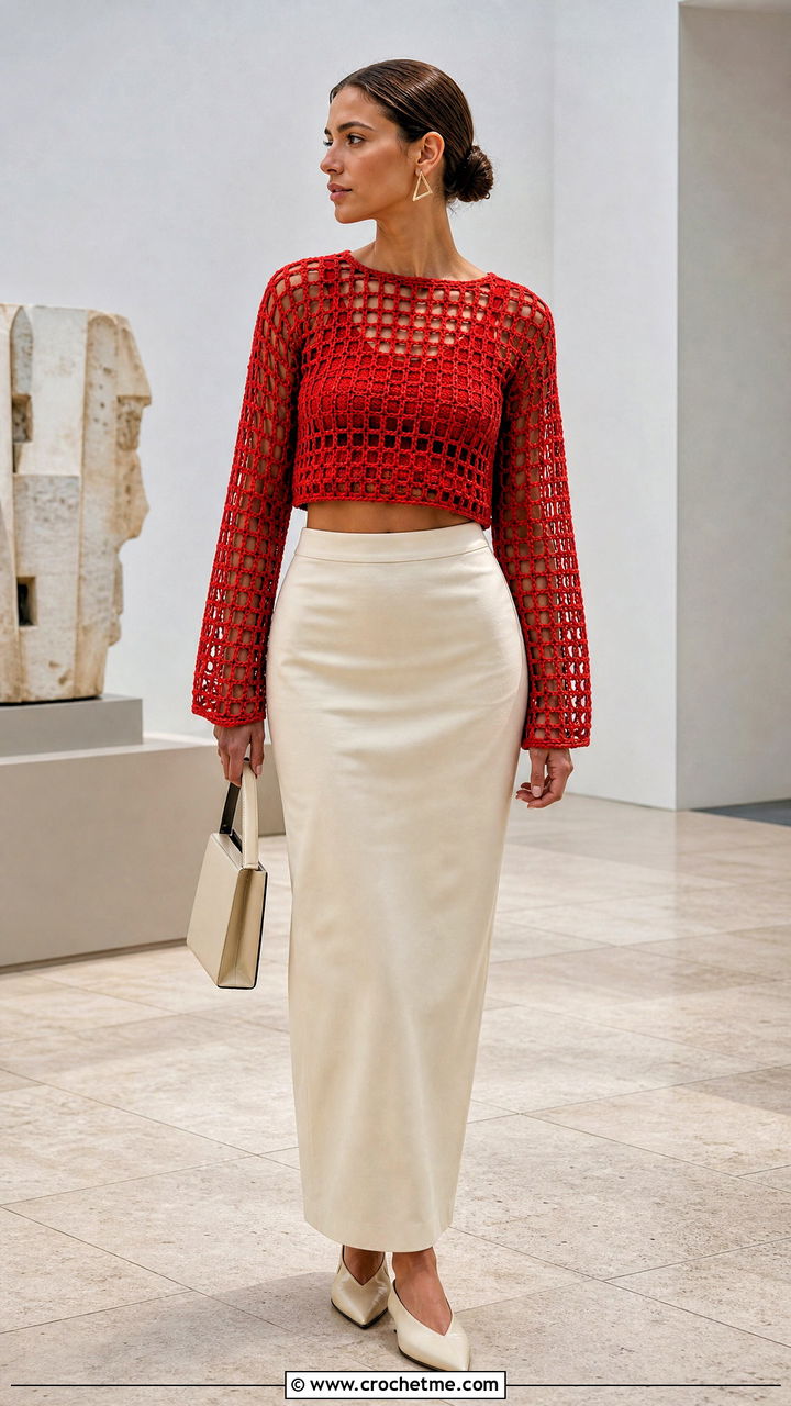 Filet Stitch Crochet Crop Sweater With a Column Skirt - 35 crochet crop sweater outfit ideas