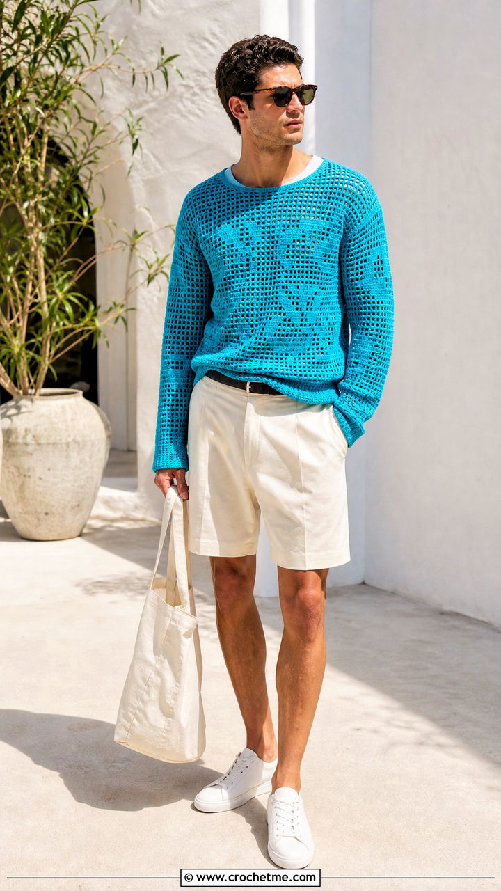Filet Stitch Crochet Sweater With Tailored Shorts - 35 men crochet sweater outfit ideas