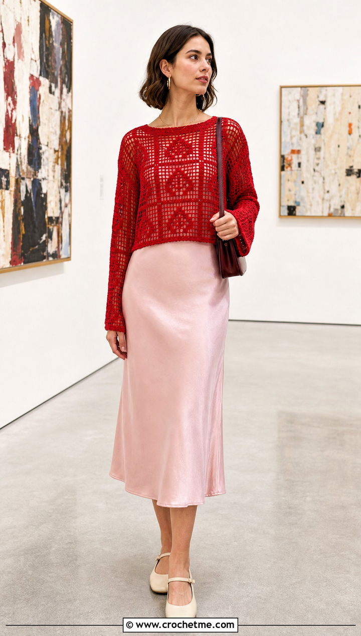 Filet Stitch Cropped Crochet Sweater Over A Slip Dress - 35 crop crochet sweater outfit ideas