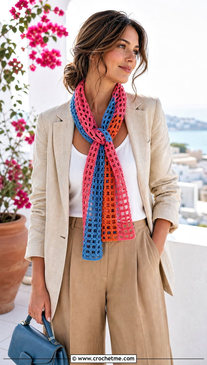 Filet Striped Crochet Scarf With Linen Blazer - 30 striped crochet scarf outfit ideas
