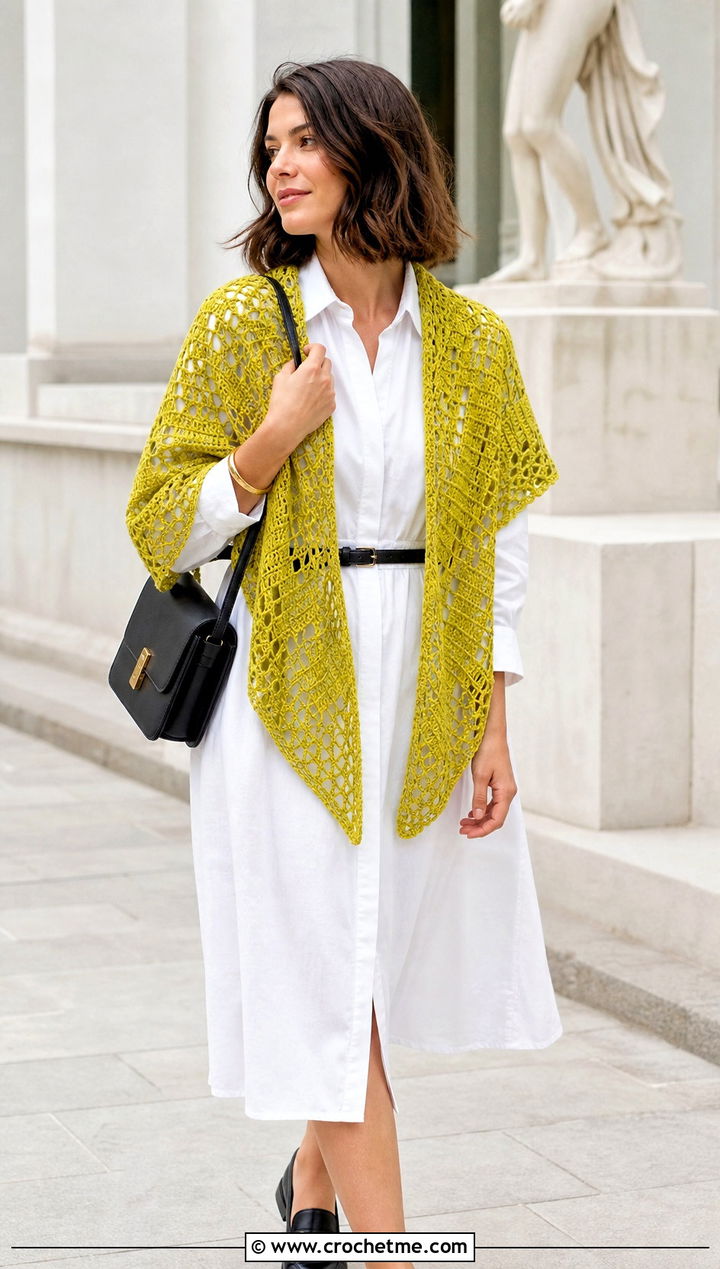 Filet Triangle Crochet Shawl With Shirt Dress And Loafers - 30 easy triangle crochet shawl outfit ideas
