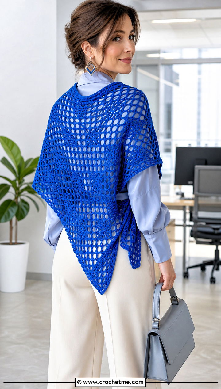 Filet Triangular Crochet Shawl With Wide Leg Trousers - 25 triangular crochet shawl outfit ideas