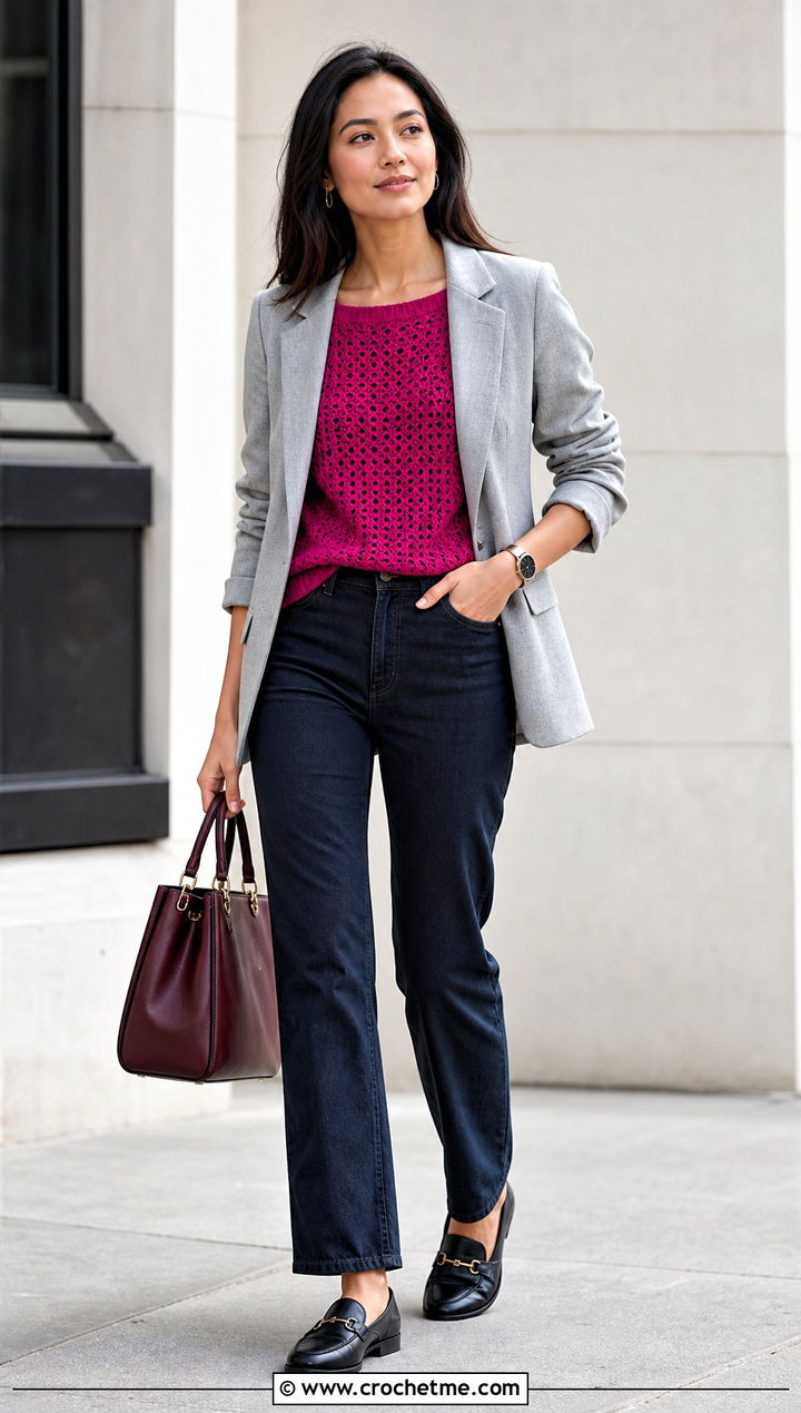 Fine Gauge Boatneck Crochet Sweater With Blazer And Jeans - 25 Boatneck Crochet Sweater outfit ideas