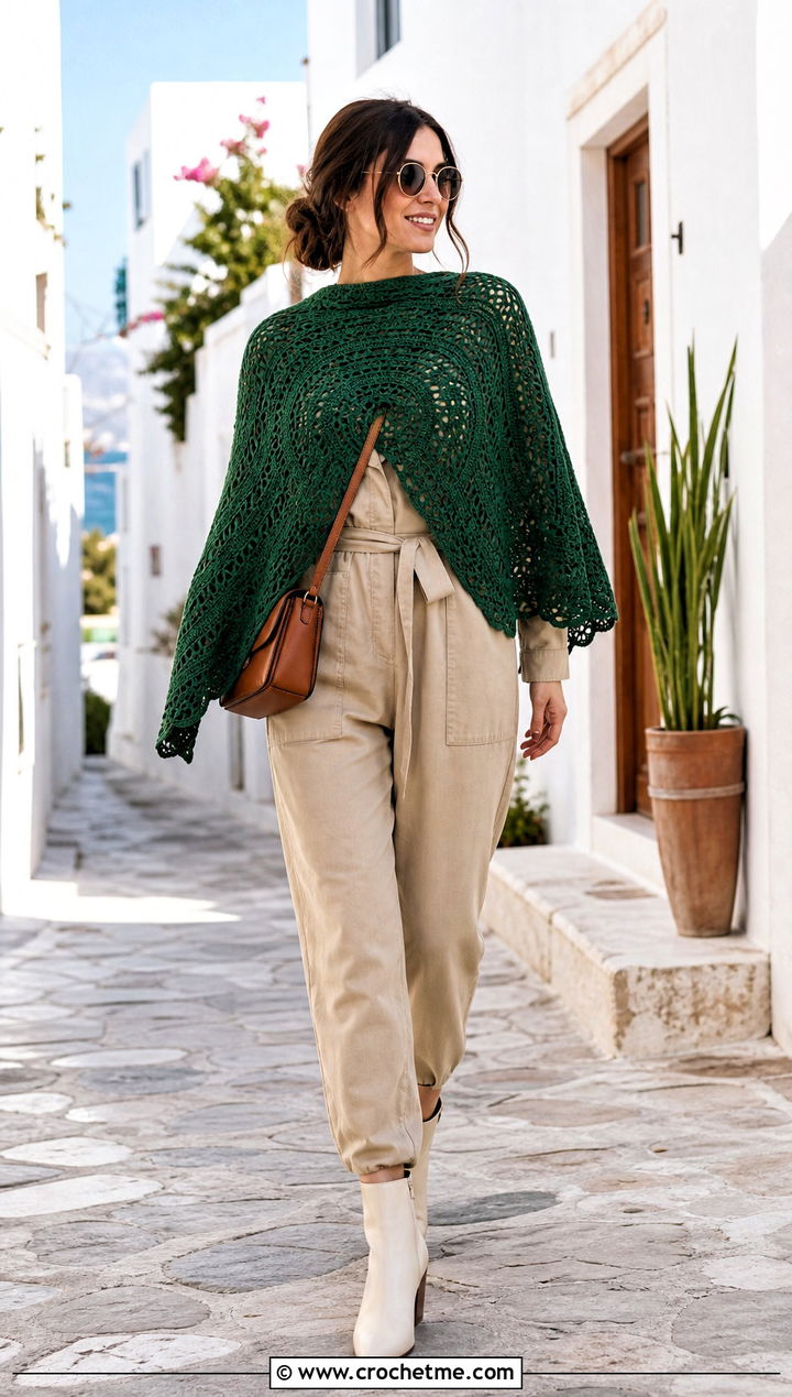 Fine Gauge Circular Poncho With Utility Jumpsuit - 25 Crochet Circular Poncho outfit ideas