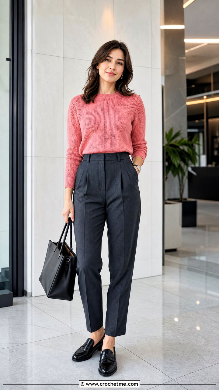 Fine Gauge Cotton Crochet Jumper With Suit Trousers - 35 crochet jumper outfit ideas