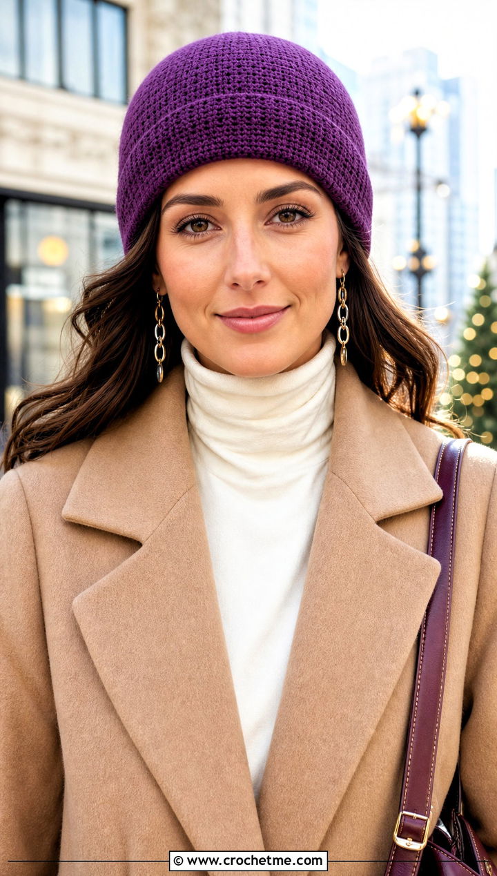 Fine Gauge Crochet Beanie With Cashmere Coat - 30 winter crochet beanie outfit ideas