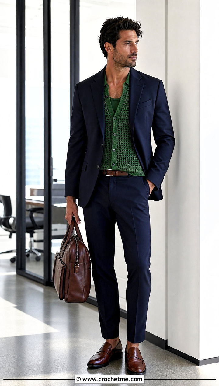 Fine Gauge Crochet Button Down Shirt With Office Suit - 35 crochet man shirt outfit ideas