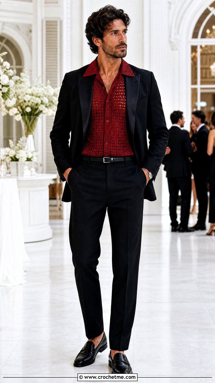 Fine Gauge Crochet Dress Shirt With A Dinner Jacket - 35 crochet male shirt outfit ideas