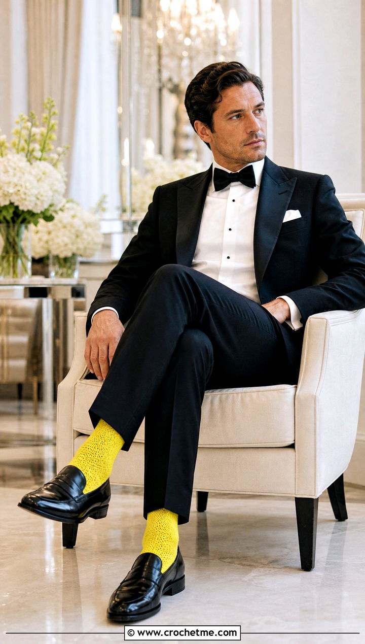 Fine Gauge Crochet Dress Socks With Tuxedo Trousers - 25 Mens Crochet Socks outfit ideas