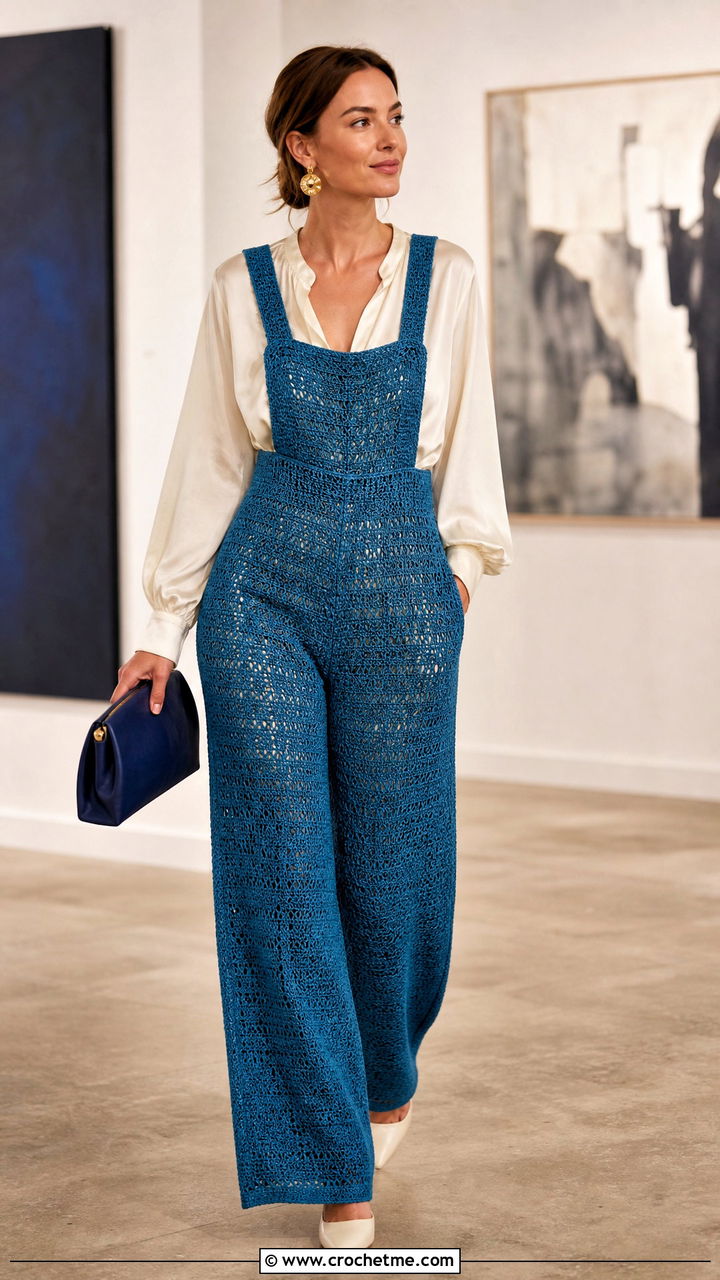 Fine Gauge Crochet Overalls With Silk Blouse - 35 crochet overalls outfit ideas